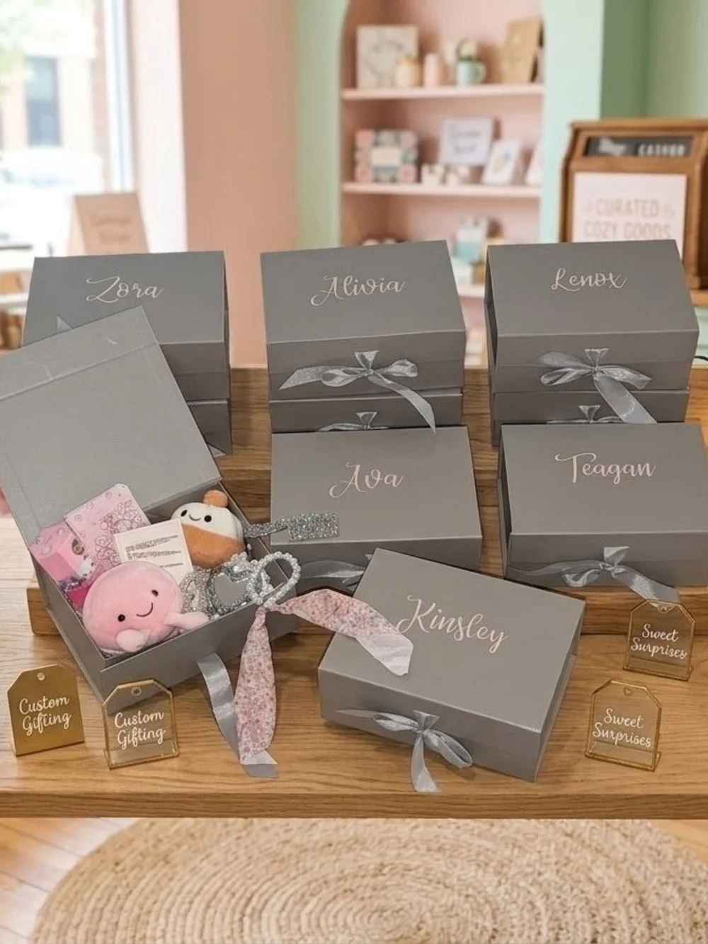 6 Personalized with pink name Gray Gift Boxes with Bows party favor b